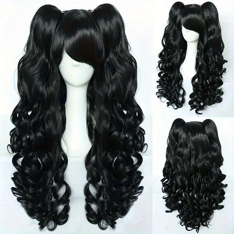 23.62Inch Long Black Anime Double Ponytail Wig With Clip-On - Wavy Hair For, Volume & Curly Wave Texture, One-Size-Fits-All For Halloween, Conventions