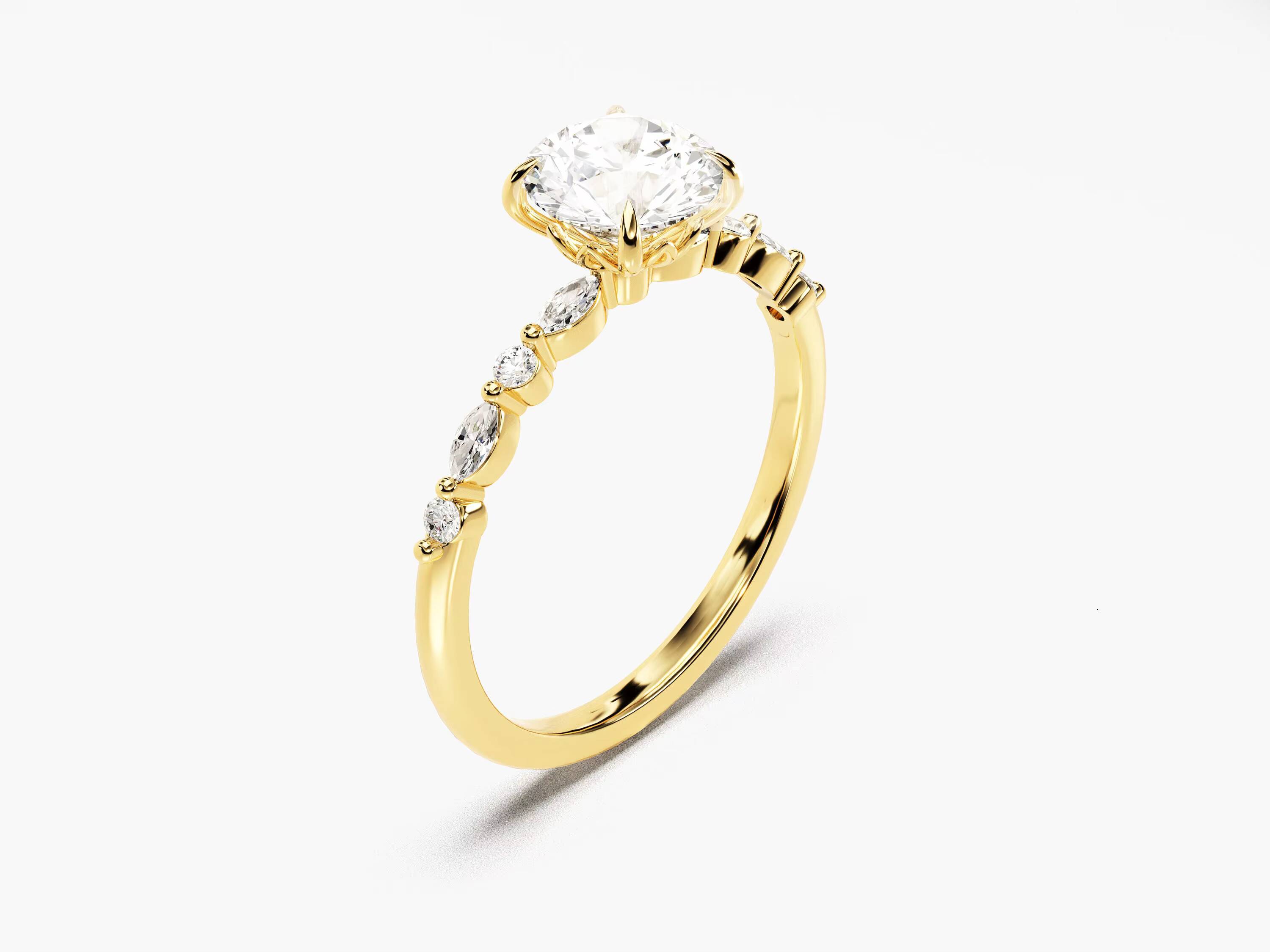 Round and Marquise Sidestones Engagement Ring 14k 18k Solid Gold Lab Diamond Ring Promise Ring