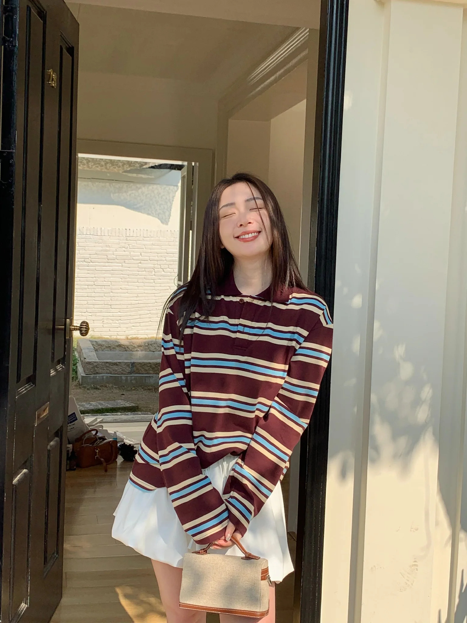 Summer Polo Shirts Woman Long Sleeve Crop Top Color Block Green Striped Print Polo Shirts Mujer Casual Tops Striped Brown Autumn 251027