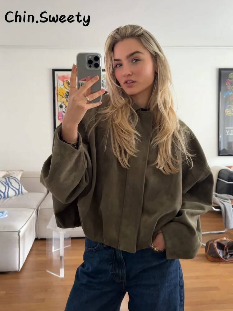 winter jacket women Vintage Suede Green Bomber Jacket Women Loose Lapel Full Sleeve Zipper Commute Coat Autumn Lady High Street All-match Coats