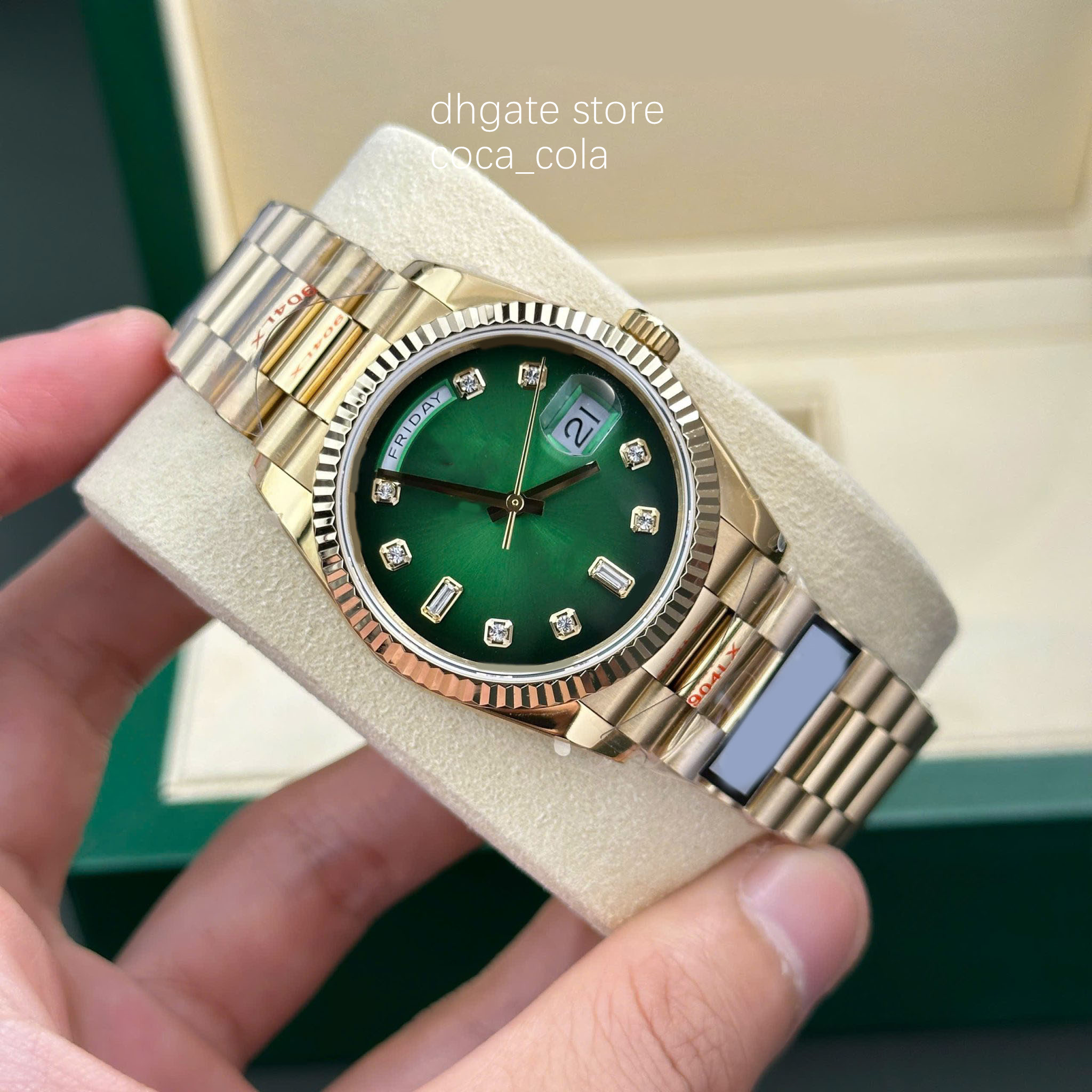 Top-quality 36mm women watch day time date 128238 Yellow-Gold-Green--Diamond-set-Dial automatic Mechanical Eta Luminous Super Power Reserve Wristwatches
