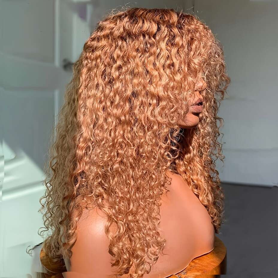 Long 26" Honey Blonde Heat Resistant Up To 356°F, Glueless Lace Front With Preplucked Hairline Bangs, 180% Density Voluminous Curly Synthetic Wig