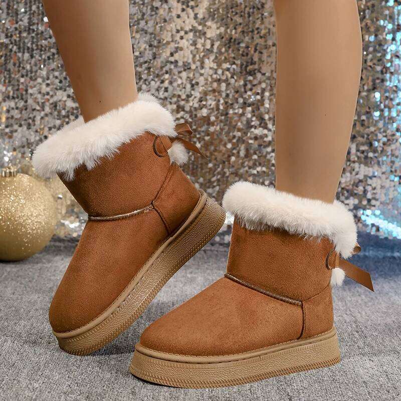 New Fashionable Bow Round Toe Elegant Snow Boots Winter Flat Wear-resistant Soft Students Plus Veet Warm Women's Shoes