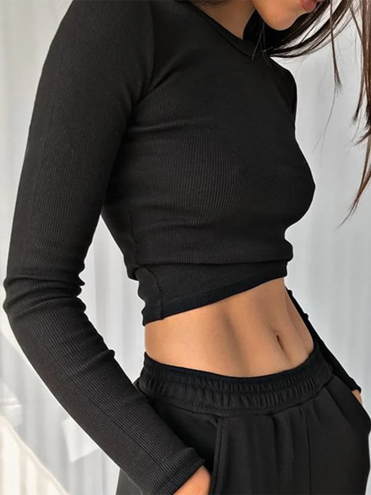 O Neck Long Sleeve Shirt Women Ribbed Sexy Cropped Tops Spring Black Casual Skinny Slim Basic Woman T Shirts White 251027