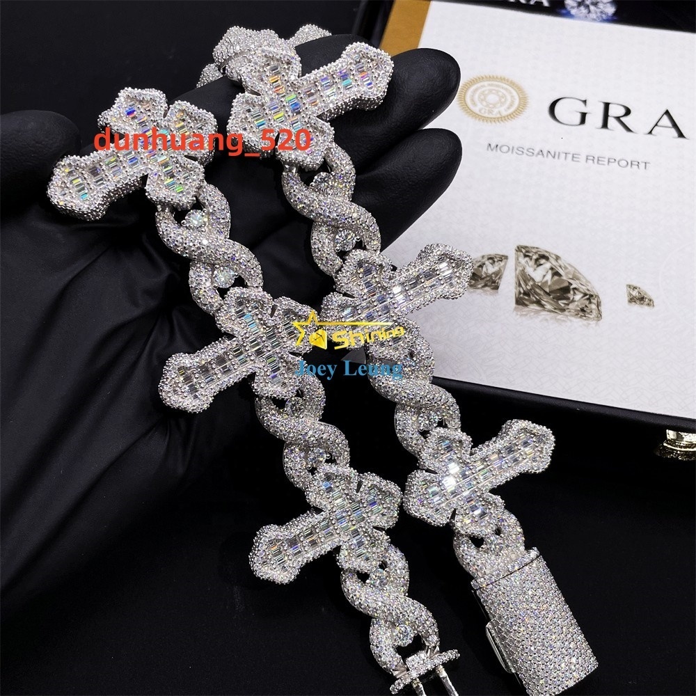 Luxury Cross Design Hip Hop Jewelry 925 Silver Charm Iced Out VVS Baguette Moissanite Cuban Bracelet