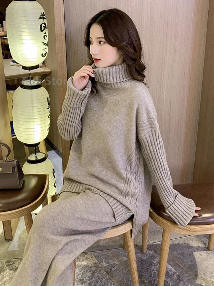 Sweater Set Warm suit for Women Winter Knitted Suits 2 Piece Soild Turtleneck Loose Trousers Office Lady Suit 251027