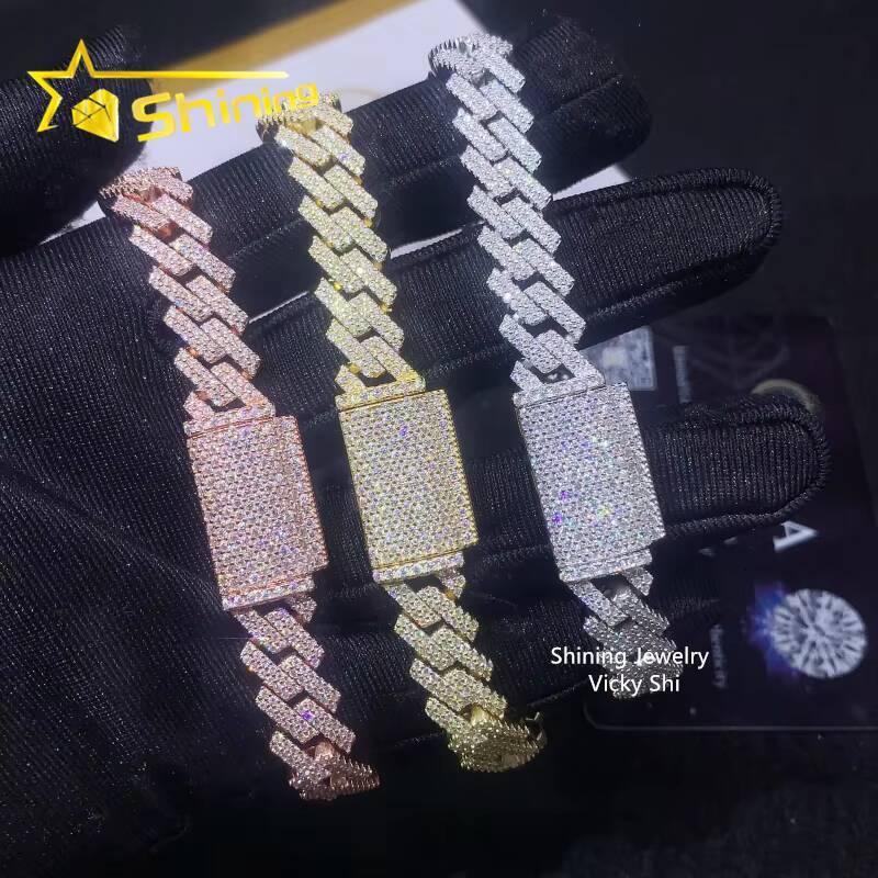 Hip Hop Jewelry Moissanite Cuban Bracelet 10MM 2 Rows 925 Sterling Silver Iced Out VVS Moissanite Miami Cuban Link Chain