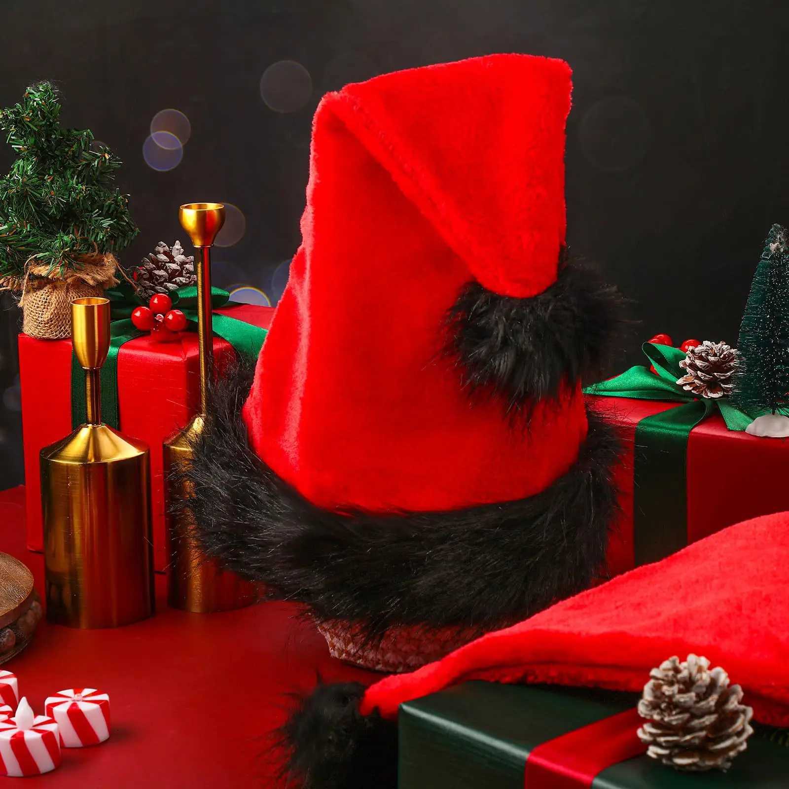 Red Christmas Hat for Adults Plush Style with Black Brim Holiday Costume Prop Decoration Cute Small Gift for FriendsW251027