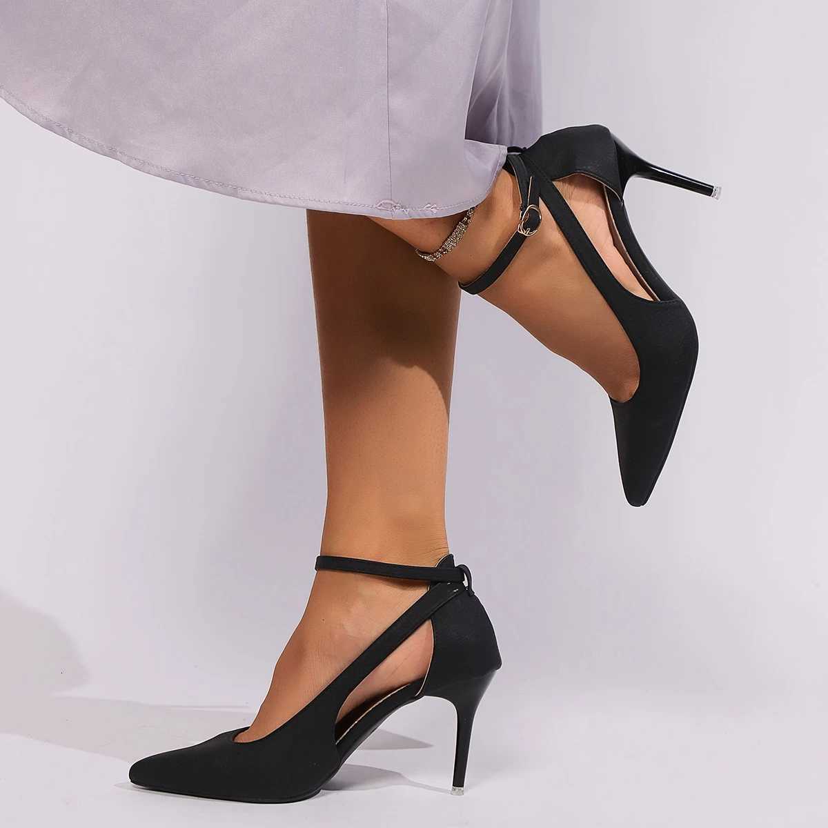 Womens Shoes 2024 High Quality Solid Color Pointed Toe Shallow Mouth Hollow eword Buckle Strap Stiletto Womens High HeelsXJ251027