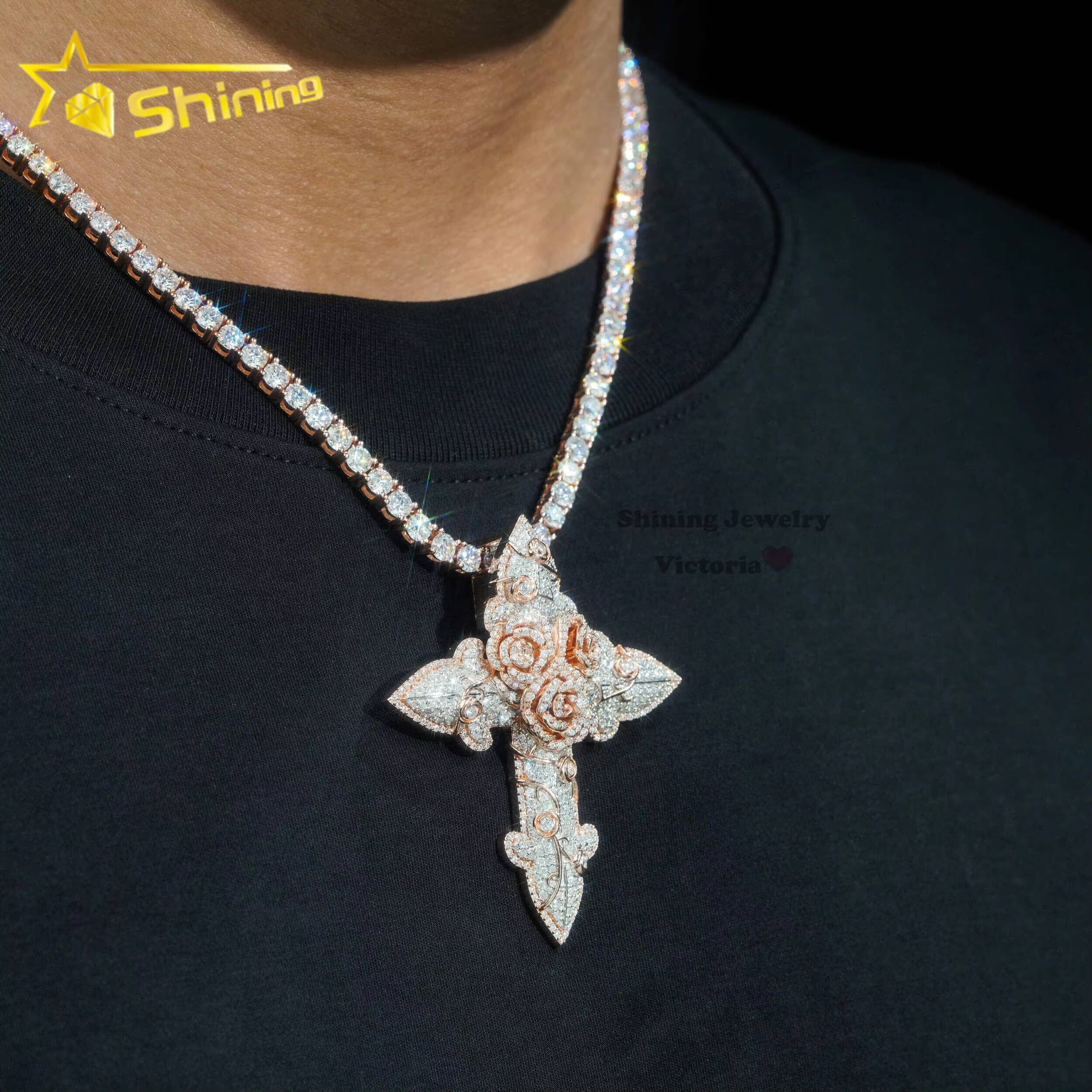 Hip Hop Jewelry Iced Out Custom Mens Pendant 925 Sterling Silver VVS Moissanite Diamond Rose Gold Cross Pendant