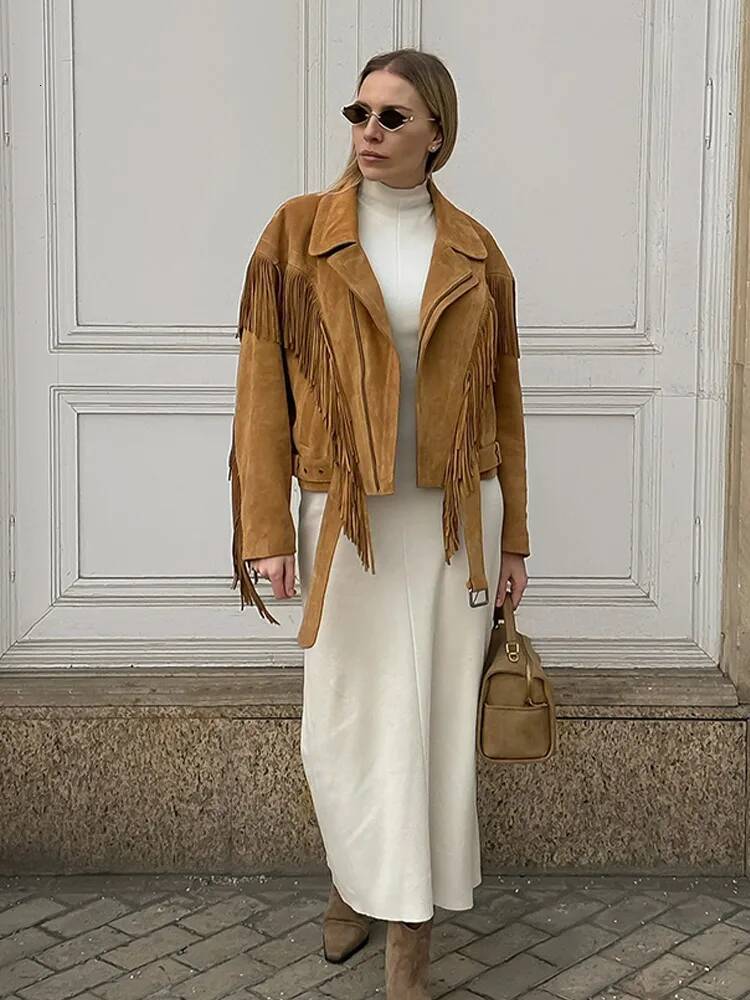 winter jacket women Women's Brown Tassel Suede Jacket Zipper Long Sleeve Lapel Belt Loose Jackets Lady Autumn Daily Street Outerwear 2025 New