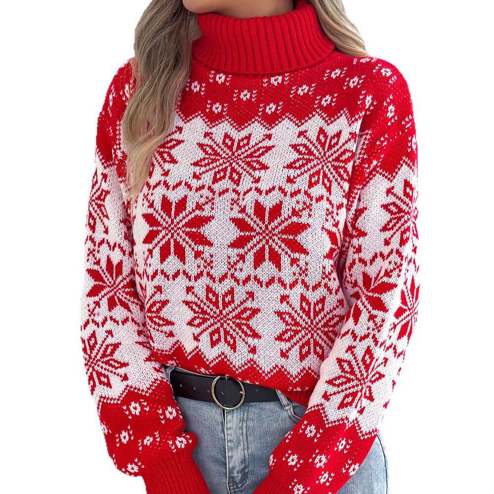 Autumn and Winter Snowflake Pattern Lantern Long Sleeve High Neck Pullover Sweater Women's Clothing