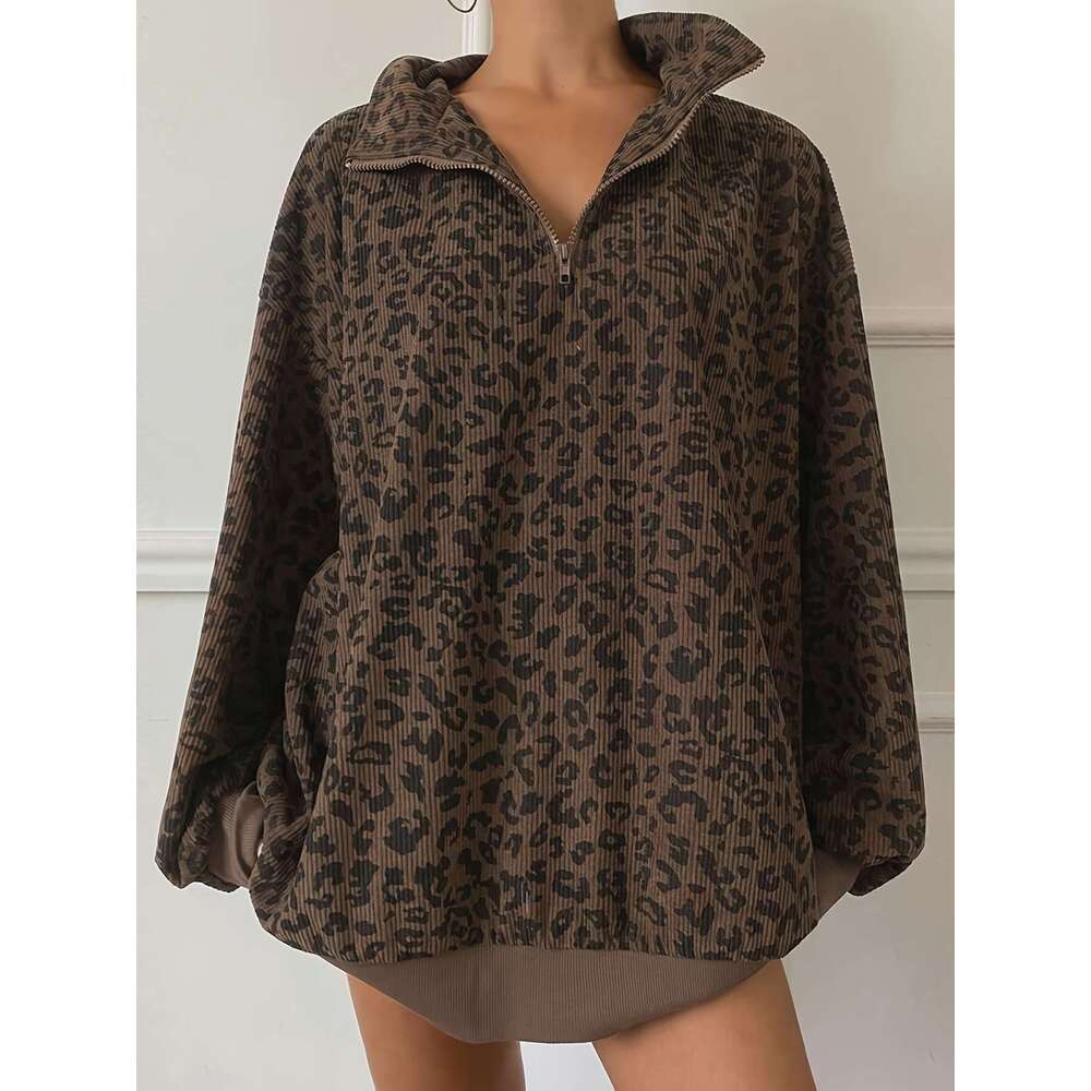 Women's Casual Zip-Up Long Sleeve Sweatshirt - Loose Fit, Half-Zip Design, Brown & Black Retro Style, Cozy Fall/Winter Wear, Leopard Print Sweate