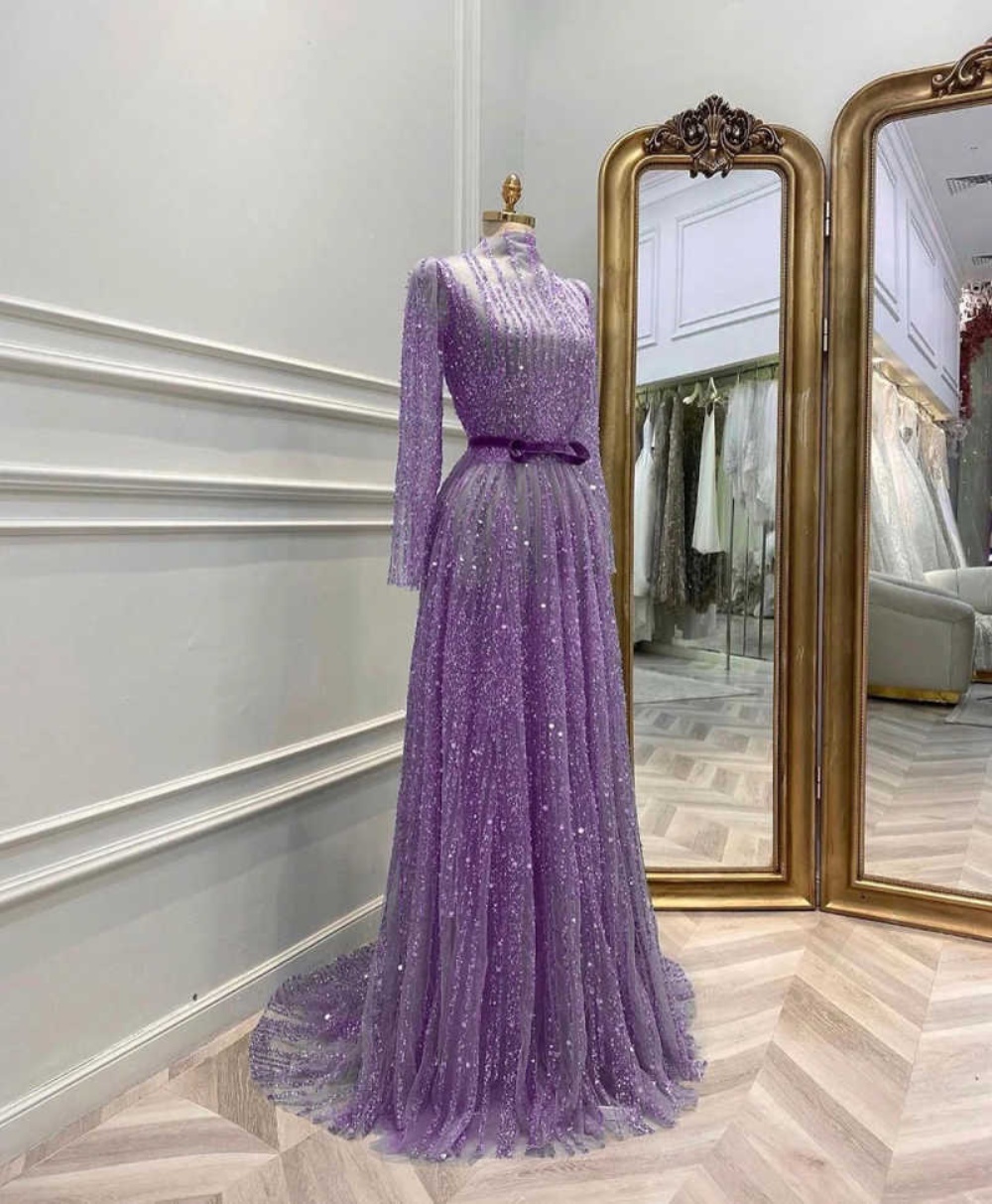 Real Photo Evening Dress Full Sleeve Prom Gowns O-Neck Beads 3D-Lace Satin Sexy Prom Dress vestidos de novia Size Customized Robes De Mariee L252817