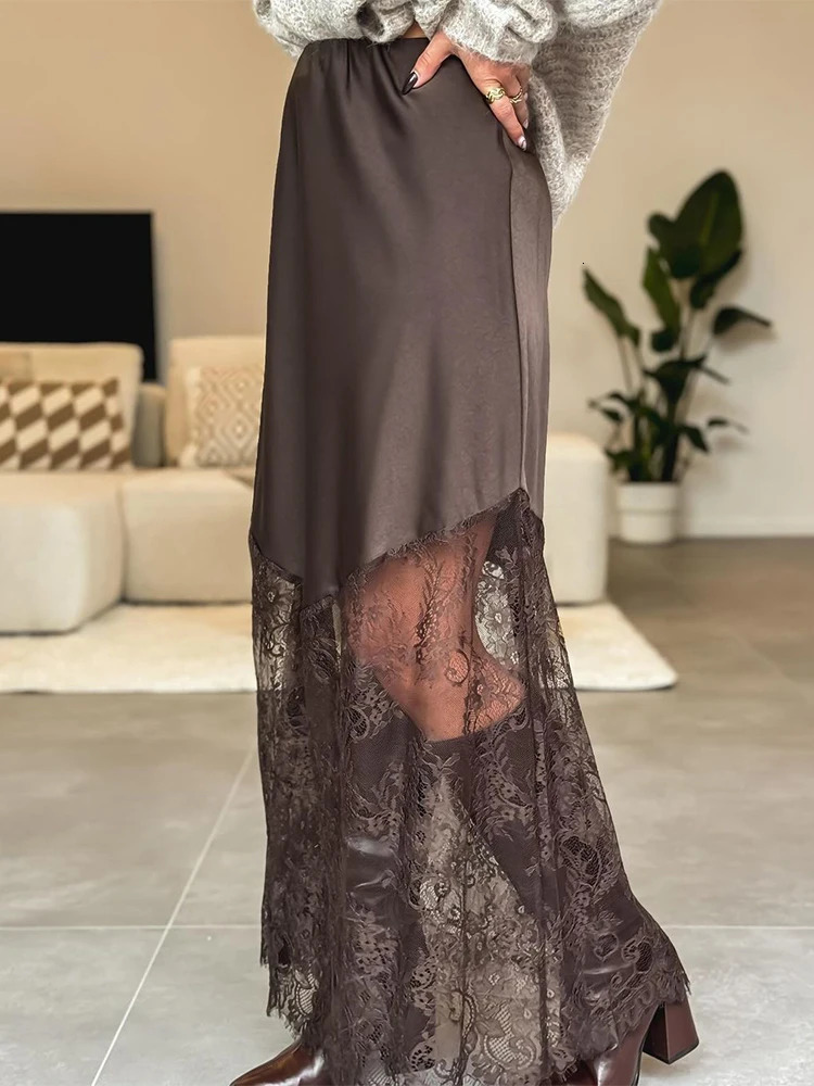 Women Elegant Patchwork Lace Skirts Fashion High Waist Slim Hollow Out Maxi Autumn Lady Brown Party Club Skirt 251027
