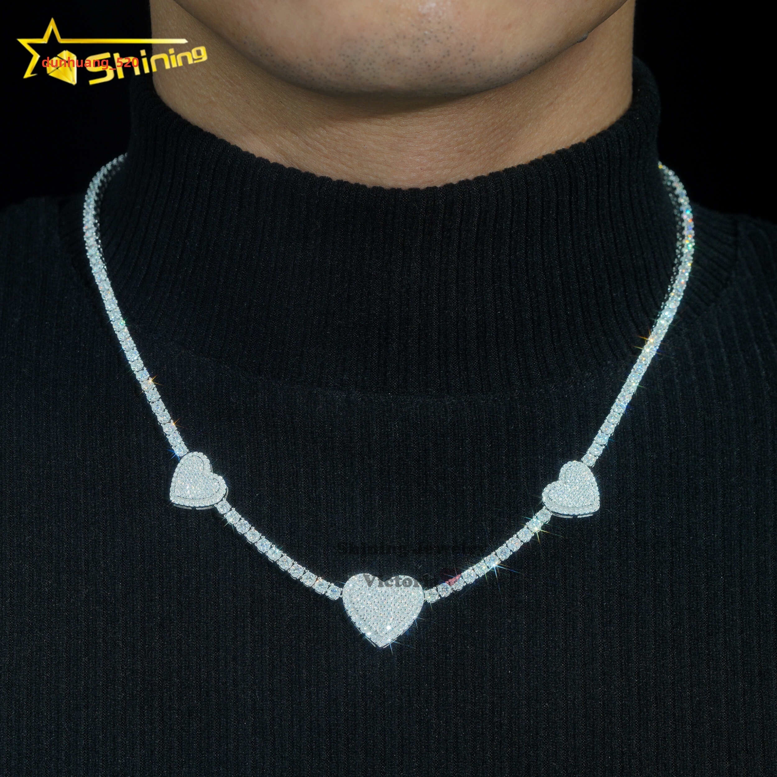 New Heart Collection Mens 3MM Gold Plated 925 Sterling Silver VVS Moissanite Diamond Iced Out Tennis Necklace Heart Pendant