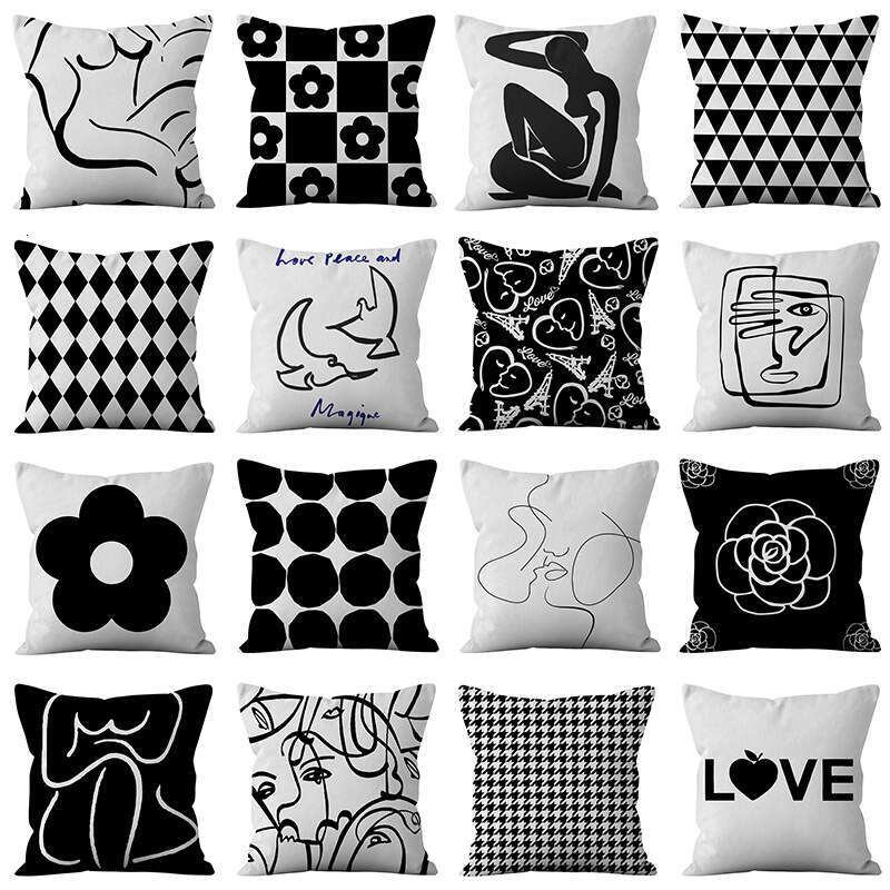 Lanjia- Nordic INS Style Simple Luxury Line Black And White Plaid Pillowcase Nap Pillow Sofa Cushion C6373