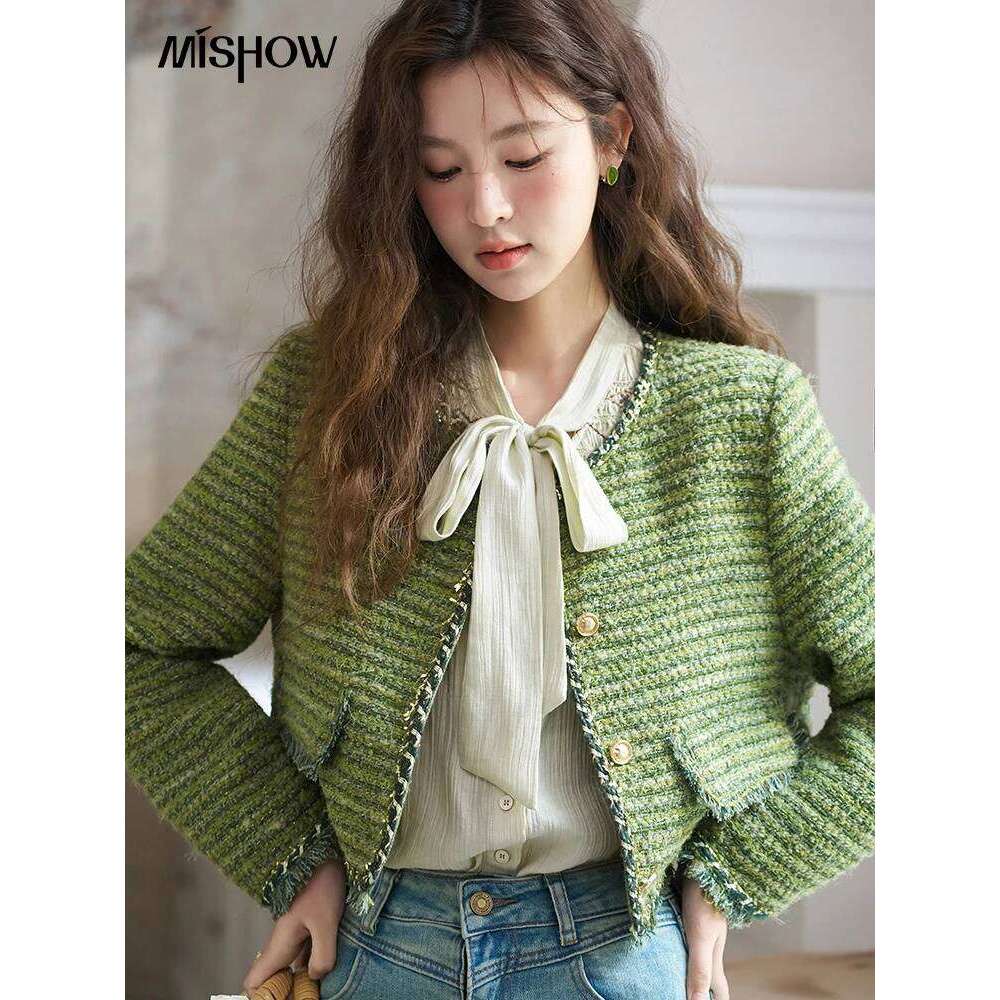 French Small Fragrant Short Jacket for Women Autumn Round Neck Coarse Tweed Woven Tape Splicing Green Top MXD14W0363