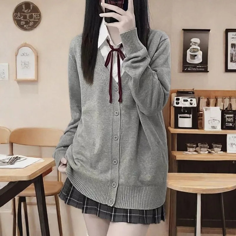 Japanese fashion solid color Vneck knitted sweateroriginal JK uniform cardigan topautumn and winter womens cotton sweater 251027