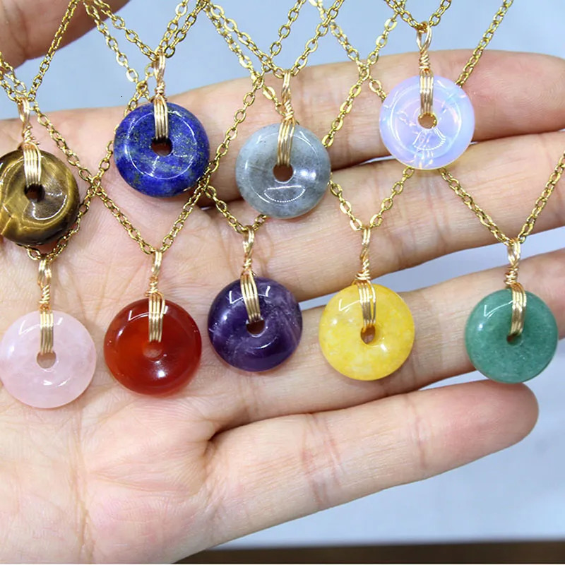 15mm Amethyst Crystal Donut Pendant Natural Stone Necklace Tiger Eye Rose Quartz Healing Stone Gift for Women Her Christmas Vale 251020