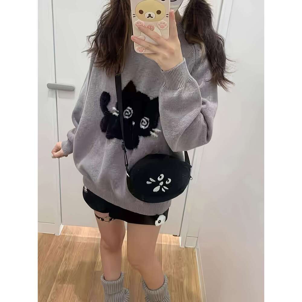 Women's Cute Cat & Color Block Sweater - Soft Mid-Stretch Long Sleeve Pullover, Loose Fit Round Neck Cozy Fall Winter Casual Chic Autumn Fashion,