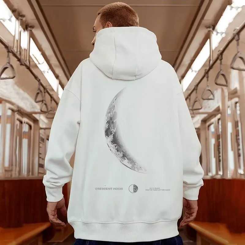 M8XL Men Oversized Pullover Hoodie Fashionable Loose American Retro Crescent Print Long Sleeved Couple Outfit W251027
