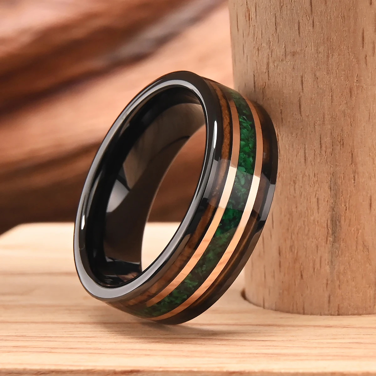 8mm Mens Tungsten Carbide Ring Inlaid Whiskey Barrel Wood and Green Opal Beautiful Wedding Ring Gift for Loved Ones 251023