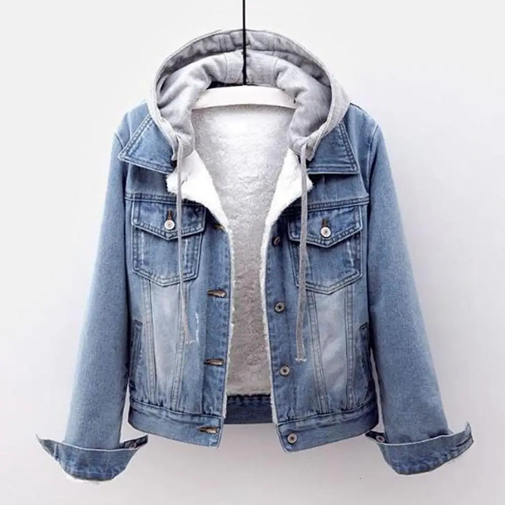 Winter Jacket Detachable Hat Flap Pockets Thermal Plus Size Denim Lady Coat for School 251027
