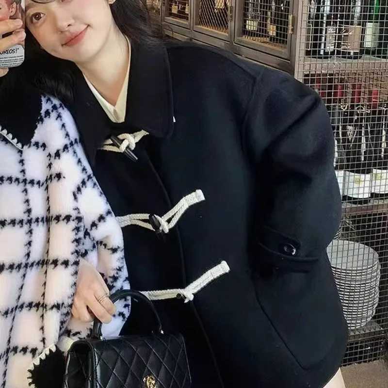 Wool Women Solid Trendy Horn Button Design Coats Korean Fashion Autumn Winter Simple Streetwear Harajuku Popular Students Mujer M251027