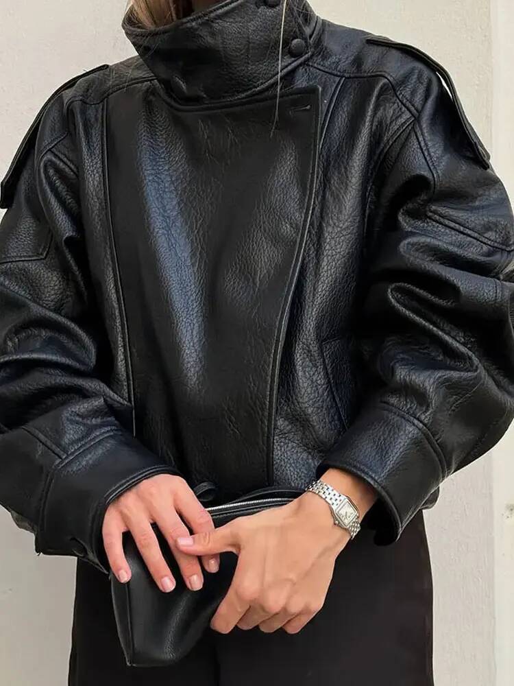 winter jacket women Women's Faux Leather Jacket Stand Collar Long Sleeves Loose Zipper Coats Lady Autumn High Street Woman Outerwear