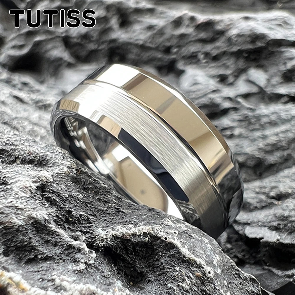 TUTISS Classic Jewelry 6MM 8MM Original Color Tungsten Wedding Band Ring Brushed Polished Grooved Beveled Comfort Fit 251023