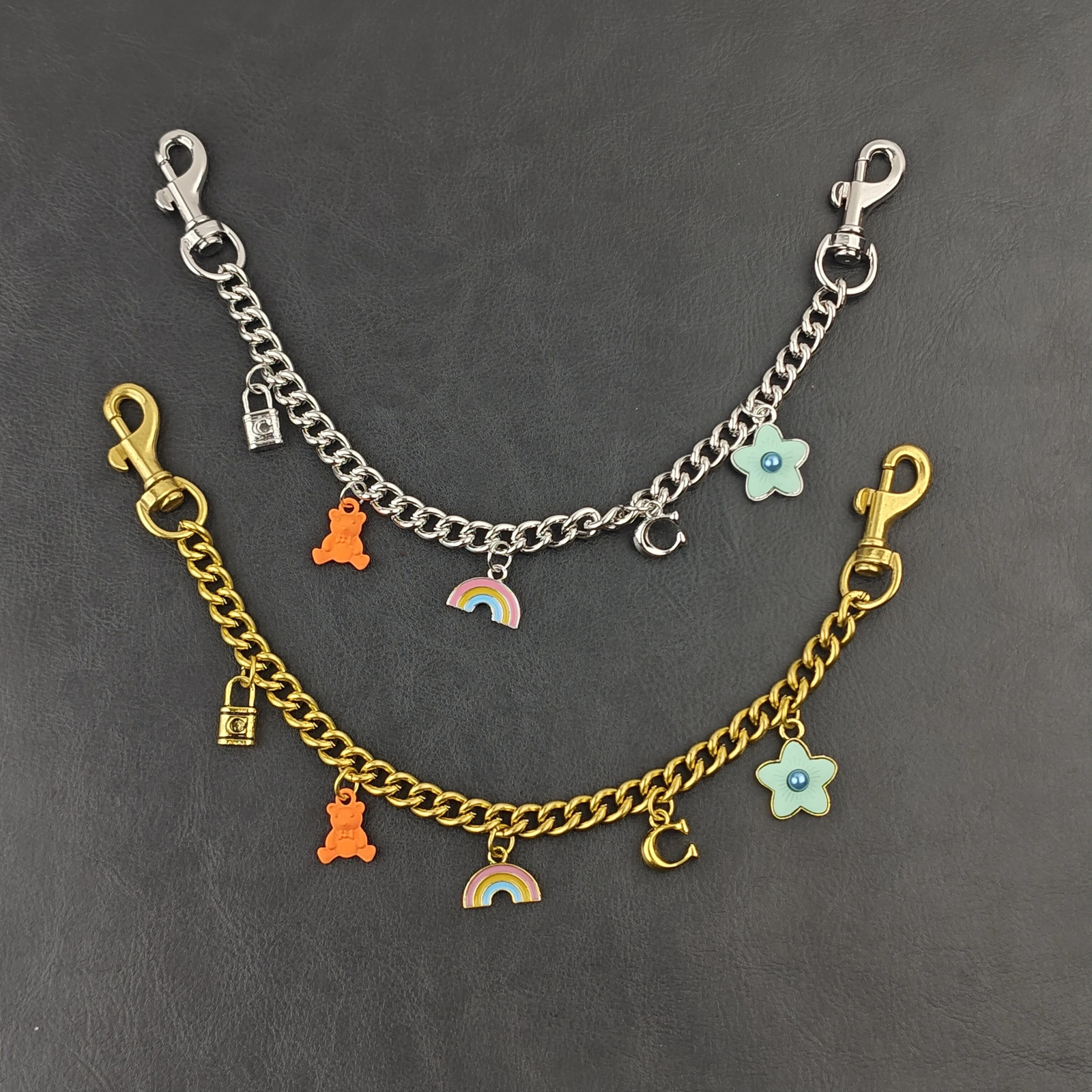 Fashionable SilverGolden Little Bear Rainbow Flower Bag Chain Charm Handbag Keychain Accessory Gift 251023