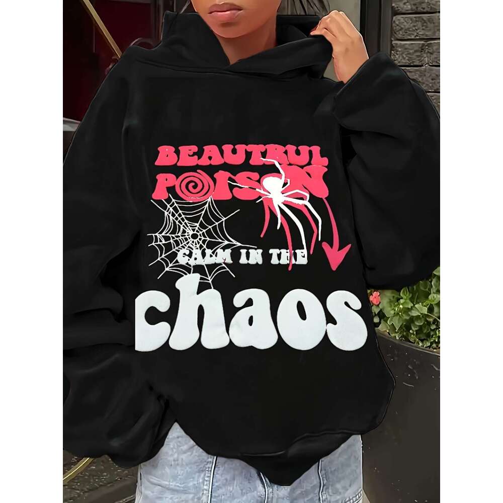 Y2k Graphic Print Hoodie For Women - Pink Geometric Pattern Pullover With "Beautiful Poison" & "Calm In The Chaos" Design, Long Sl