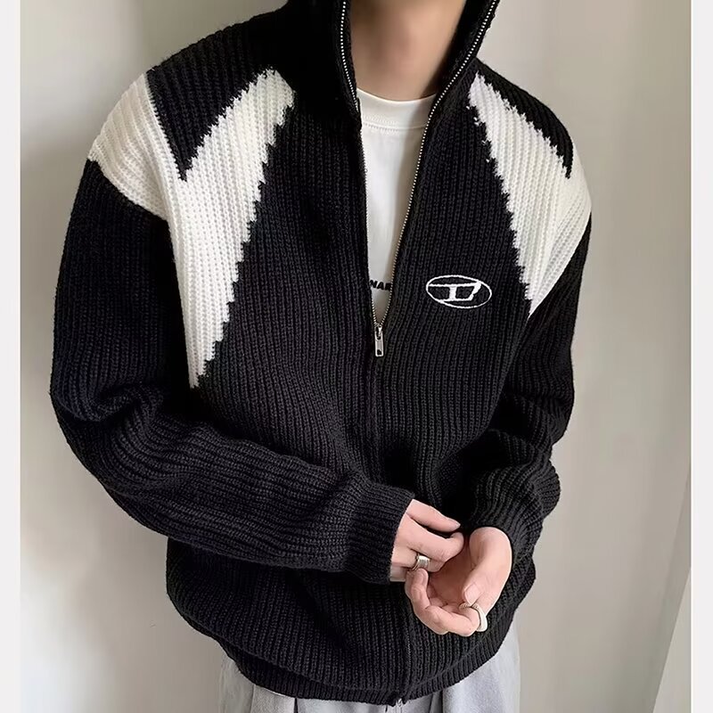 American Style Color Block Zipper Cardigan Sweater For Men Autumn Winter Trendy Street Style Stand Designer Sweater Collar Long Sleeve Lazy Style Loos