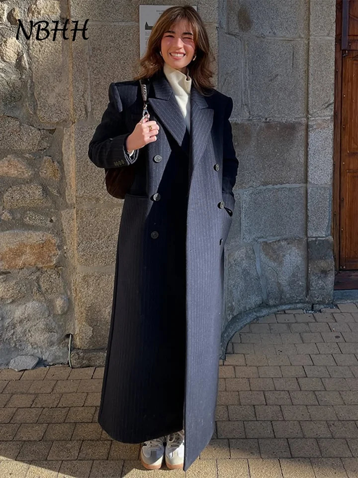 Elegant Striped Long Woolen Coat Women Shoulder Pads Lapel Double Breasted Full Sleeve Overcoat Autumn Winter Warm Outwear 251027