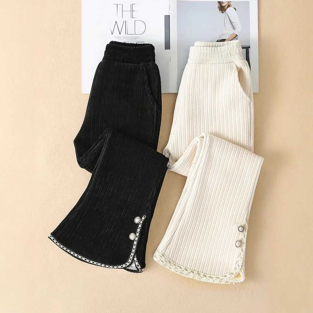 2025 Winter Girls Chenille Flared Pants Thick Fleece Lined Bell Bottoms with Lace Trim Warm Cute Casual TrousersT251027