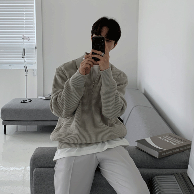 Artistic Knitted Sweater For Men Turn-down Collar Sweater Loose Fit Men's Designer Sweater Clothing Half-zip Polo Collar Spring Autumn Jacket Ver