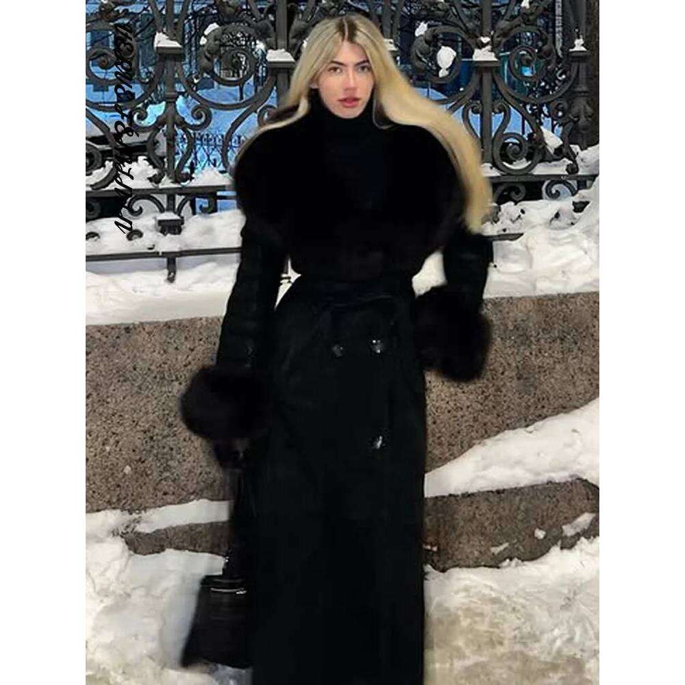 Women's Winter Coat Lapel Button Slim Faux Fur Spliced Woolen Overcoat Autumn 2025 With Belt Long Jackets Office Lady Outerwears