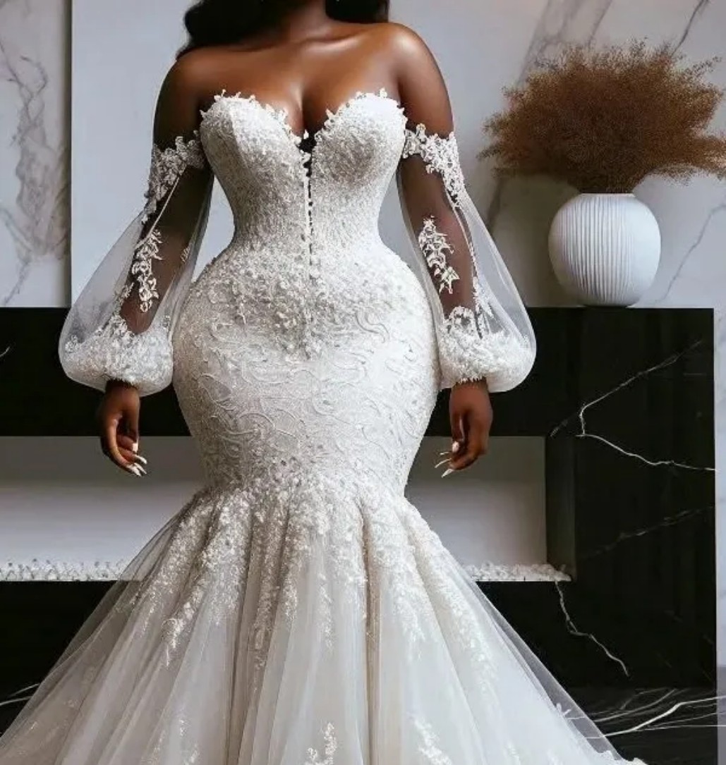 Plus Size Aso Ebi Wedding Dress in Ivory with Off Shoulder Lace and Full Sleeves Vintage Style