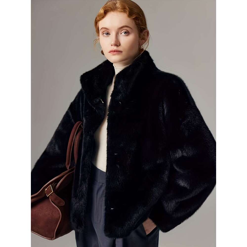 Women's Chic Faux Fur Coat - Thick Warm Short Length With Drop Shoulder Sleeves, Solid Color, Single Button Closure, Regular Fit Fall/Winter, Sty