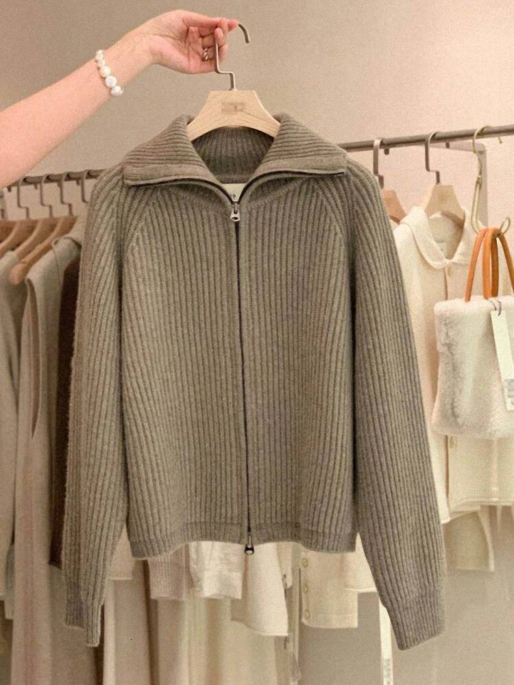 Zipper 100% Pure Cashmere Cardigan Ladies Knitted Coat Thickened Sweater Lapel Loose Autumn And Winter.