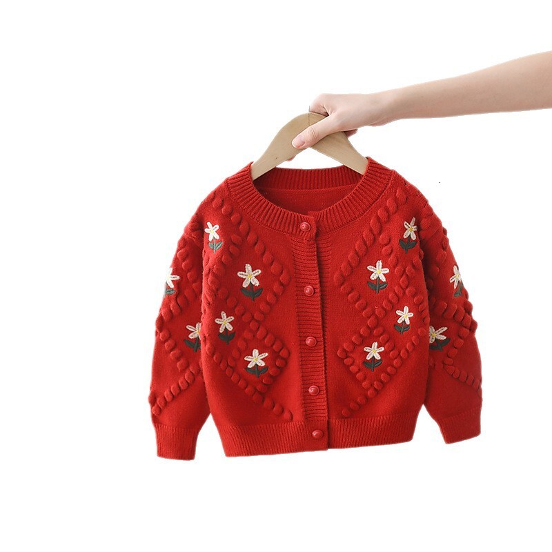 New children's sweater designer coat, baby spring and autumn knitted Korean version, girls' embroidered flower knitted cardigan