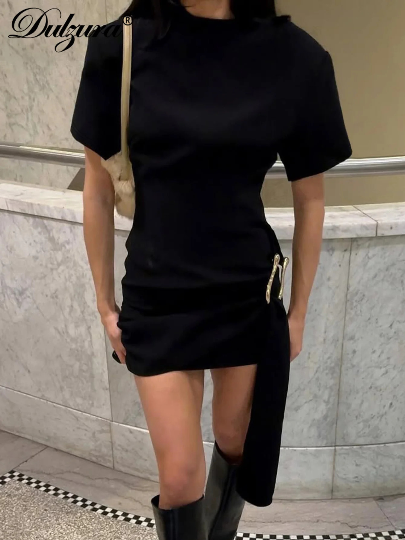 Dulzura ONeck Short Sleeves Lace Up Bodycon Metal Button Mini Dress Solid Casual Elegant Short Dress Club Streetwear Outfit 251027