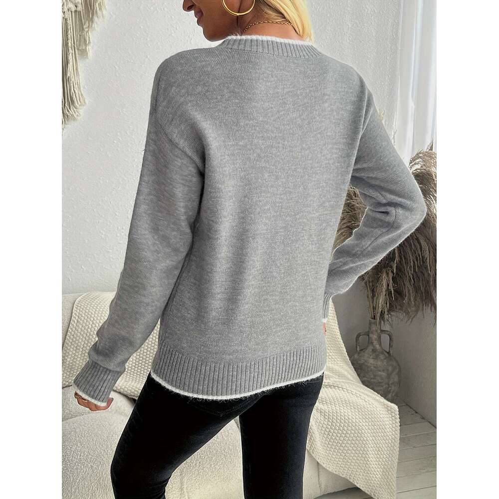European American Autumn And Winter Pullover Knitted Sweater With Snowflake Jacquard, Round Neck Women's Top.