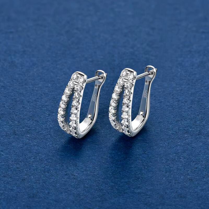 GRA Certificated 15mm 0015ct 40pcs Moissanite 925 Sterling Silver Hoop Double Row U Shape Hoop Earrings for Women
