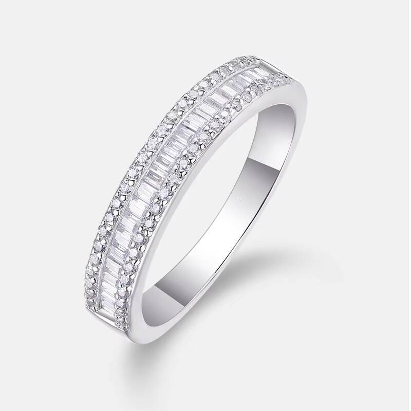 Factory Professional Jewelry 925 Sterling Silver Round Style Emerald Cut Moissanite White Gold Plated Half Eternity Band Rings