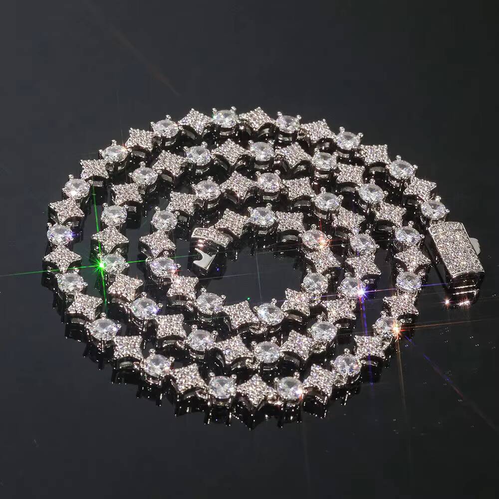 NUOYA Hiphop Custom Star Shape Round Cut Shiny VVS Moissanite Chain 6mm 925 Sterling Silver Tennis Chain Womens Fine Jewelry