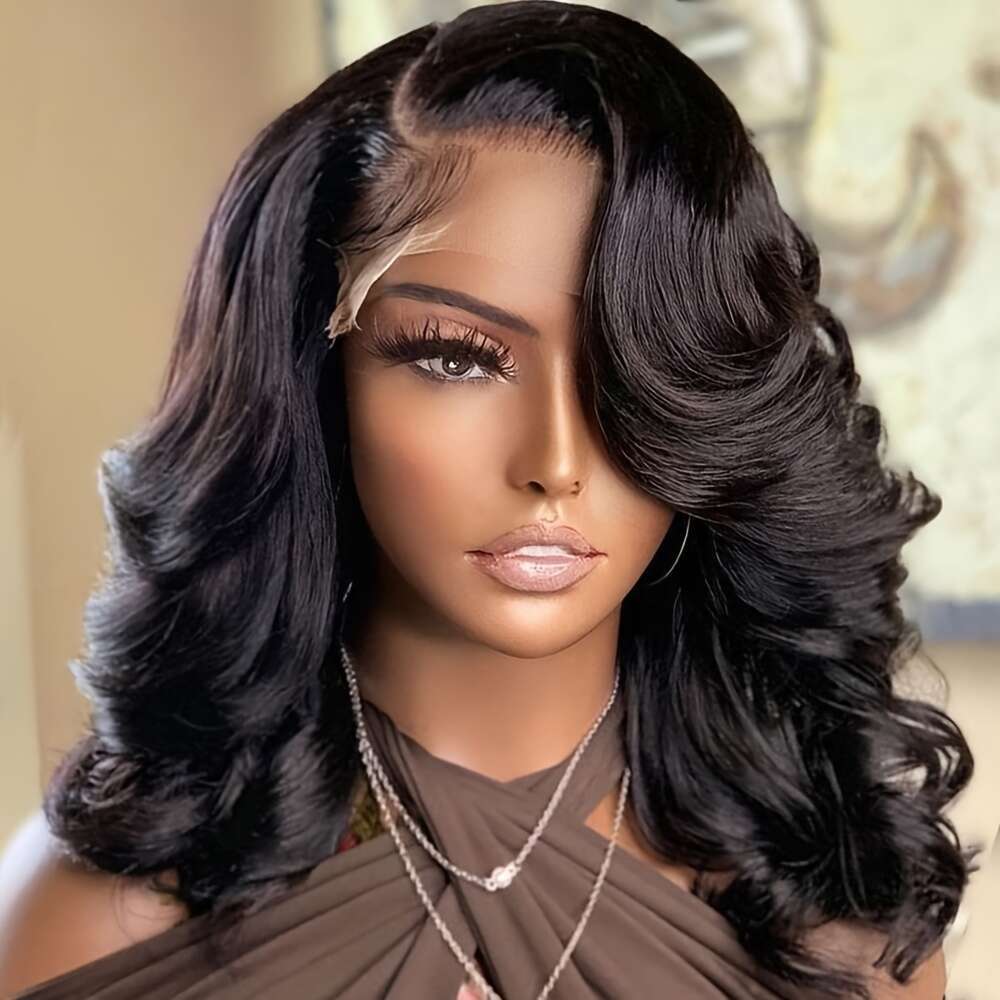 Short Wavy Bob Wigs Black Color Hair 13X4 Free Part 16 Inch Body Wave Synthetic Lace Front Wig Shoulder Length Glueless Pre Plucked For Women Daily Wo