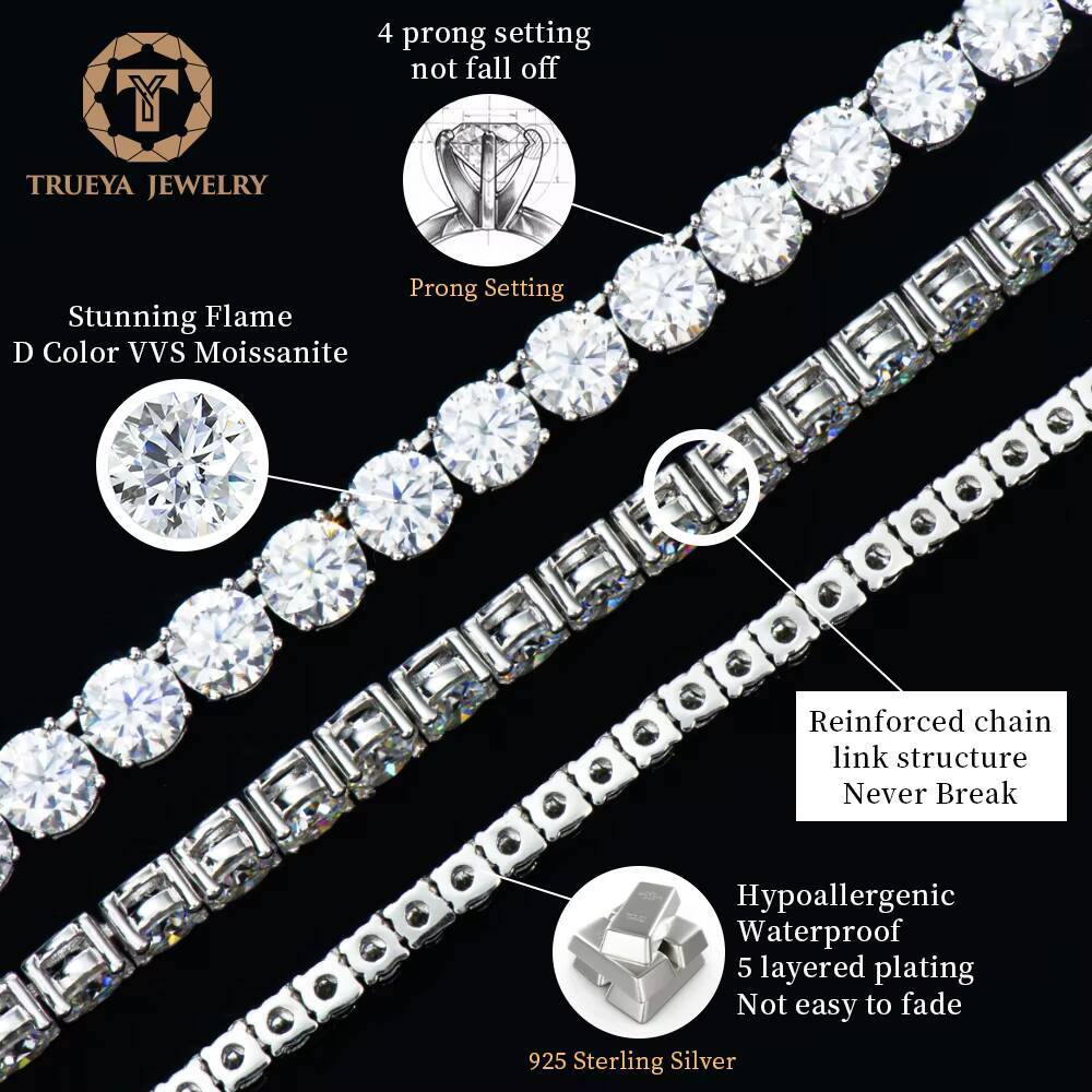 Wholesale Mens Women 2 3 4 5 6mm 925 Sterling Silver Iced Out Lab Grown Vvs Diamond Mossanite Moissanite Cluster Tennis Chain