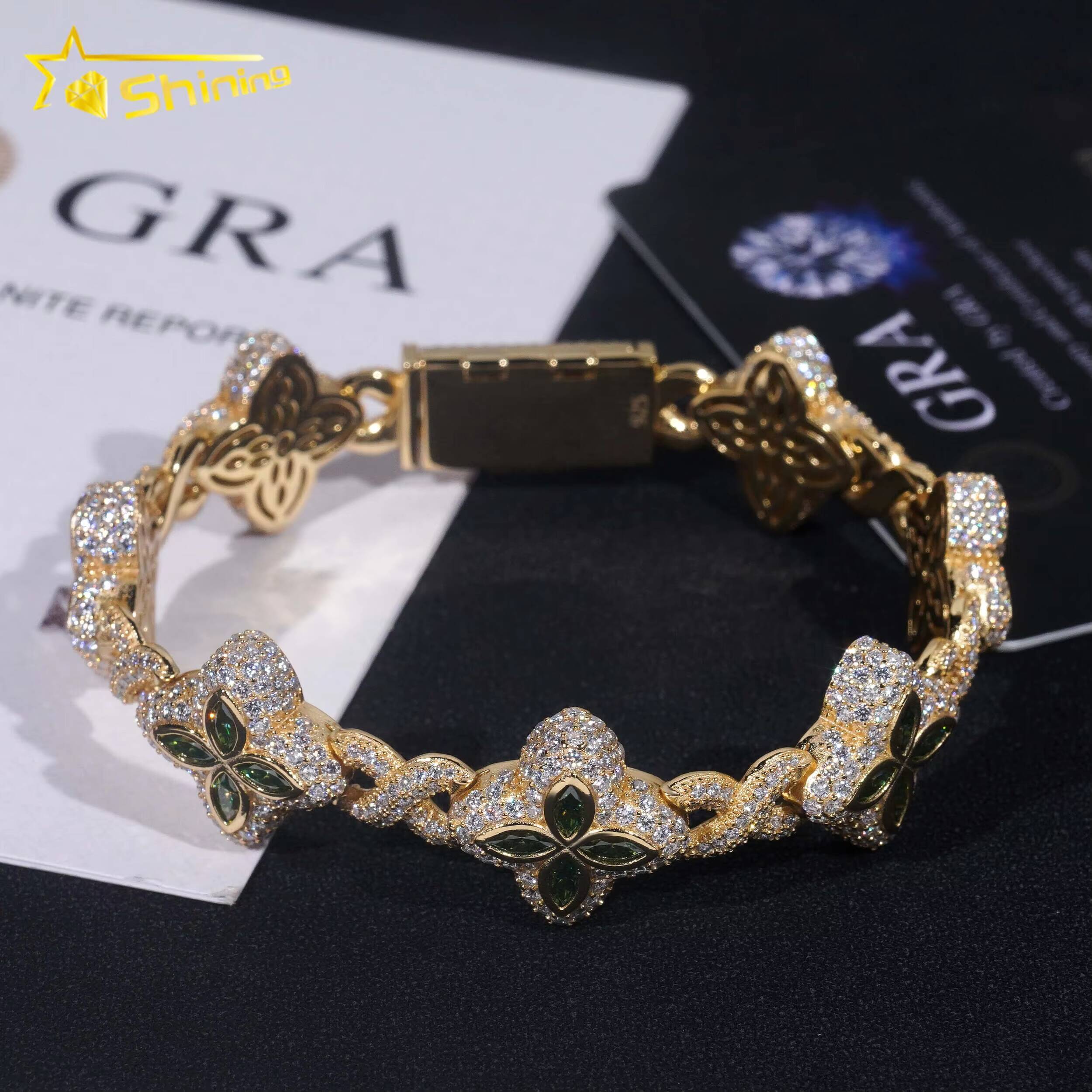 New Stocks Pass Diamond Tester Silver 925 Gold Plated Hip Hop Jewelry Custom Colored Moissanite Clover Cuban Bracelet